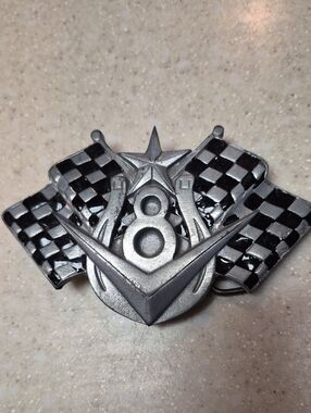Vintage V8 Racing Flags Belt Buckle Metal Engine Hot Rod Novelty #4634